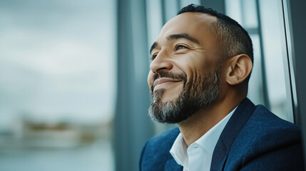 Confident man in suit out window lost in thought dreaming of future focused on possibilities