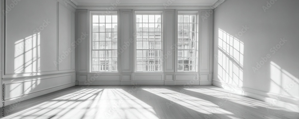 Poster a bright, empty room with a large window and sunlight streaming in, casting long shadows on the whit