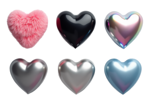 Shiny Hearts: Pink Furry, Black, Silver, Blue. Transparent Background.