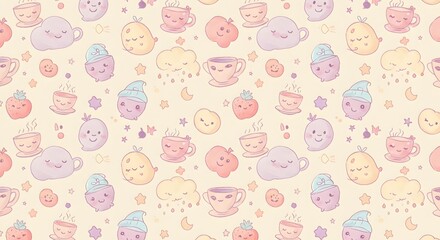 Colorful pastel pattern featuring cute characters and whimsical objects in a playful arrangement on a light background Generative AI