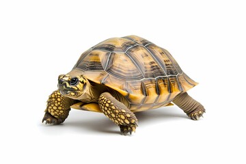 Fototapeta premium Yellow-footed tortoise walking, white background, wildlife, nature, reptile