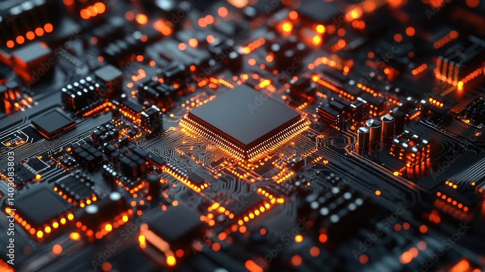 Aufkleber glowing cpu on circuit board, data processing, tech background, digital future