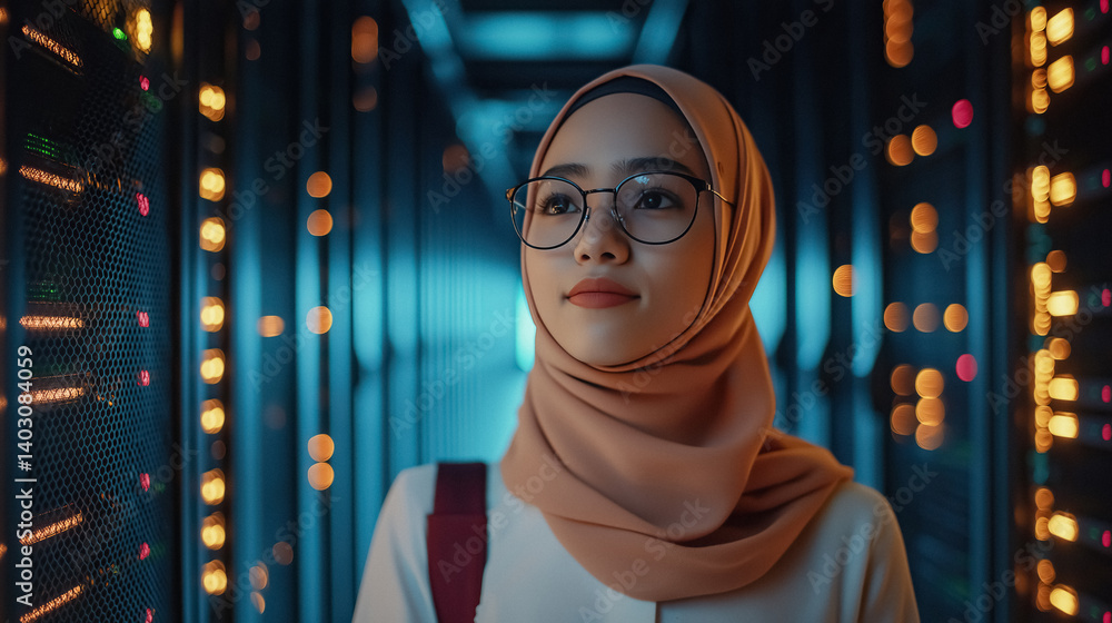 Poster woman in hijab stands confidently in server room surrounded by technology and data infrastructure