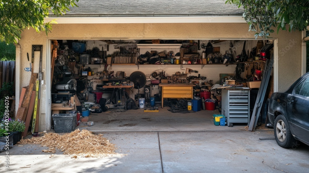 Poster an open garage with many tools and other stored items inside