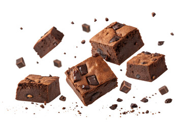 falling Chocolate brownie cubes isolated on transparent background .