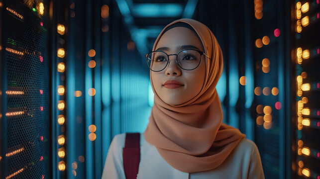 Woman in hijab stands confidently in server room surrounded by technology and data infrastructure