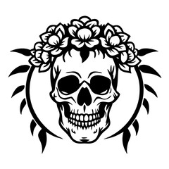 Fototapeta premium Skull with Floral Crown and Leaves Gothic Design for Tattoos and Graphic Art