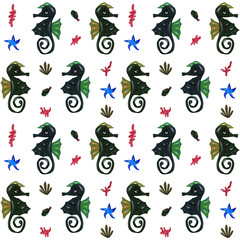 Seamless watercolor pattern with seahorses on white background. Ocean-friendly animals background. Modern textile print with hand-painted seaweed, starfish and seahorse