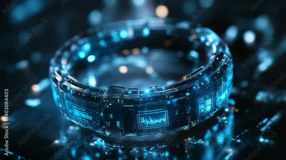 Poster futuristic smart ring with glowing interface and abstract data display