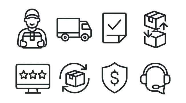 Set: delivery person, truck, checklist, package, review, return arrows, shield with dollar sign, headset.