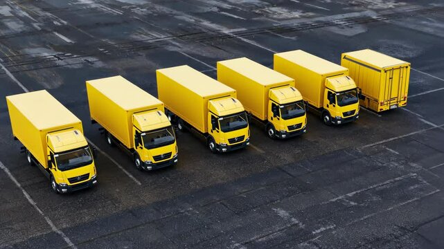 Fleet of identical yellow delivery trucks parked in parallel rows on dark asphalt, showcasing logistics and transport efficiency, aerial view