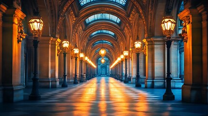 Fototapeta premium Elegant corridor illuminated by vintage lamps in a grand architectural setting.