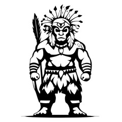 Fototapeta premium Powerful Warrior Figure with Tribal Elements and Feather Ornamentation for Design Projects