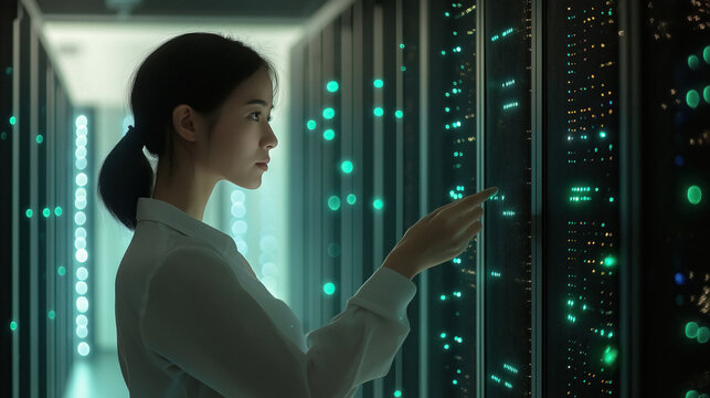 Asian woman managing servers in data center pointing glowing lights and panels in server rack