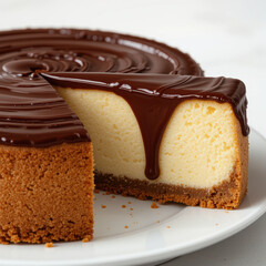 Creamy cheesecake with smooth chocolate topping and buttery graham cracker crust, perfect for dessert lovers