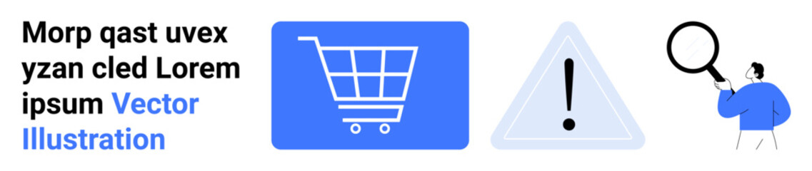 Blue shopping cart icon, caution triangle, individual holding magnifying tool. Ideal for e-commerce, error alerts, shopping security, data analysis, online stores, user interaction simple landing