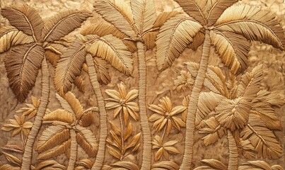 Tropical Palm Tree Pattern with Intricate Leaves and Natural Fiber Trunks, intricate leaves, embroidery pattern, natural fiber trunks, floral