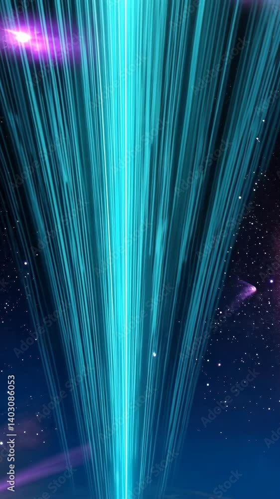 Wall mural digital turquoise streams emanate outward against a celestial nebula filled with stars, cosmic data 