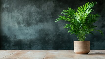 A vibrant potted plant showcased against a textured dark background, highlighting its lush green leaves and adding an earthy element to the artistic composition of the image.