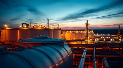 Oil refinery plant processing fuel at sunset with dramatic sky