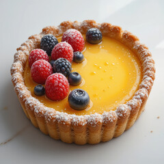 Delicious custard tart topped with fresh berries, showcasing vibrant colors and tempting appearance
