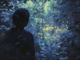 Fototapeta premium Silhouette of a person gazing at a glowing, mystical forest.