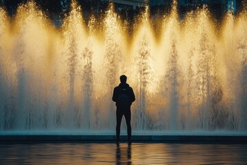 Fototapeta premium Silhouette of a person facing a glowing fountain at night.