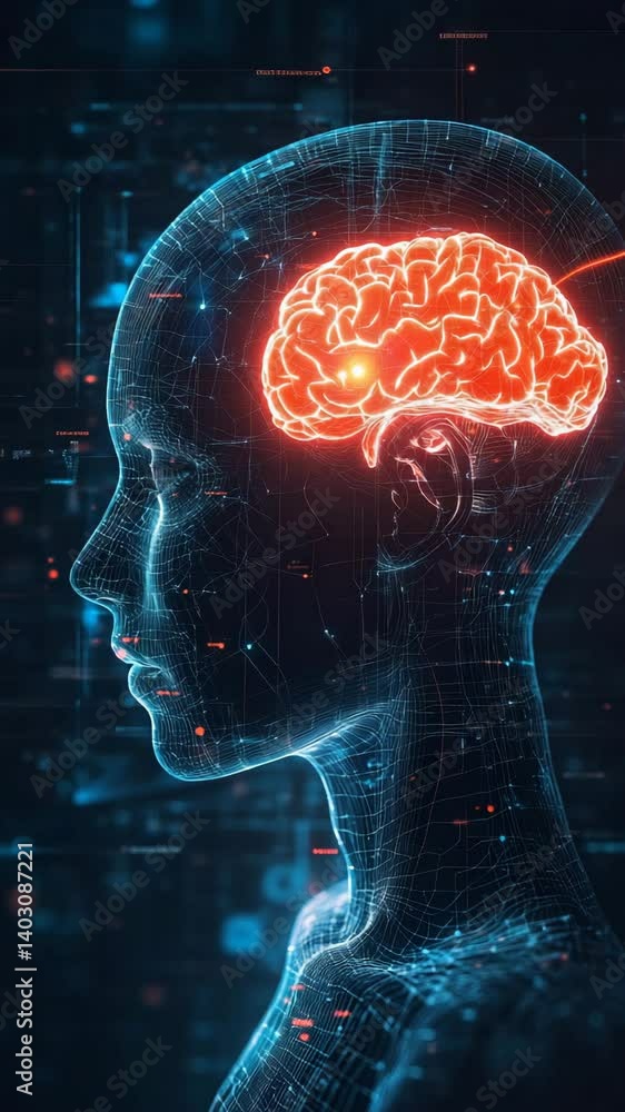 Poster conceptual wireframe of human head with digital brain activity visualization