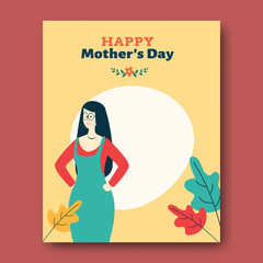 Happy Mother’s Day Greeting Card with Cartoon Young Mother Standing in Yellow Background Decorated with leaves.