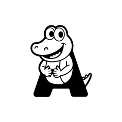 Sticker design of smiling cartoon alligator hugging the letter A
