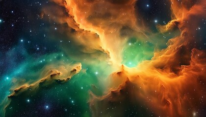 Space background Colorful fractal nebula in green and orange color with star field Digital painting