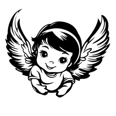 Fototapeta premium Cute Angelic Baby Character with Wings for Tattoo Design and Children's Art Projects