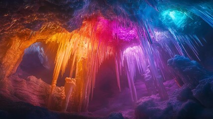 Fototapeta premium Exploring Colorful Ice Cave with Many Stalactites