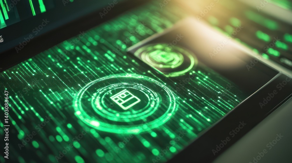 Poster secure online banking app on tablet, digital data streams, finance