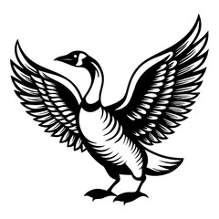 Obraz premium Majestic Flying Goose with Outstretched Wings Illustrated in Bold Black Outline for Design Projects