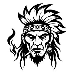 Obraz premium Bold Native American Warrior Head Illustration with Feathered Headdress and Smoke for Tattoos