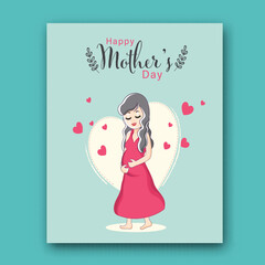 Happy Mother's Day Card with Cartoon Pregnant Woman as a Mother's Love Illustration.