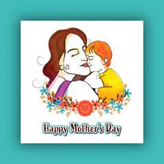 Happy Mother's Day Post with Cartoon Mother' Lover her Child Illustration.