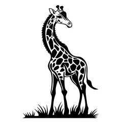 Naklejka premium Elegant Giraffe Silhouette Standing Gracefully in Grass Ideal for Tattoo Designs and Coloring