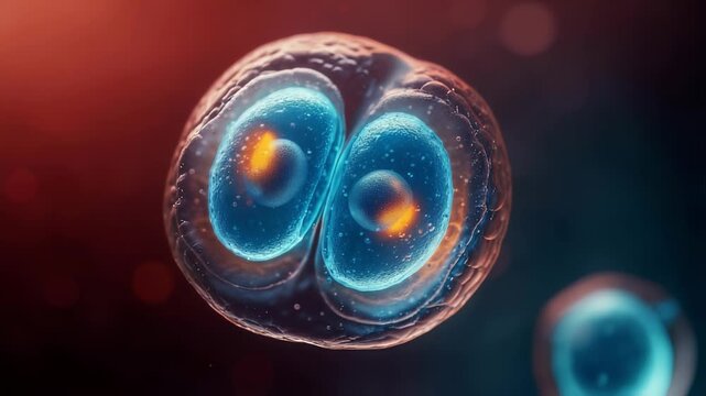 A detailed microscopic view of a stem cell in the mitosis stage, highlighting the intricate process of cell division with vibrant colors and clarity