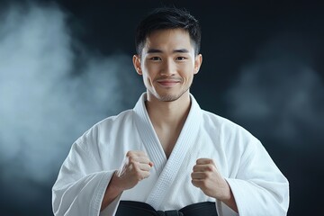Smiling martial artist in traditional attire, posing confidently with fists clenched against a smoky backdrop.