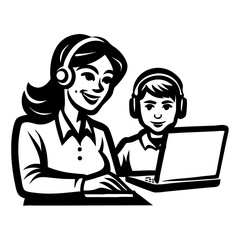 Mother and Child Learning Together with Headphones and Laptop in Educational Environment