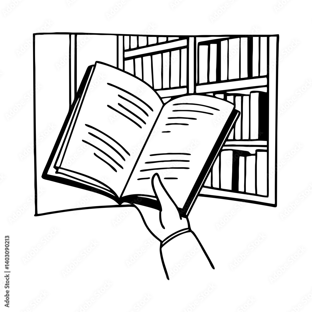 Poster open book with hand and bookshelf background illustrating reading and knowledge