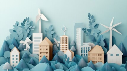 Papercut Cityscape with Wind Turbines