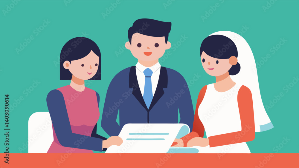 Poster signing the marriage certificate a couple seated at a table with a wedding officiant using a largepr