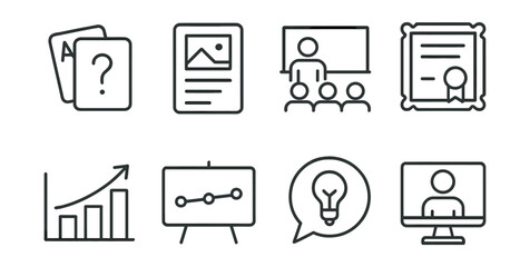 Series of icons that include a question mark, a picture, a person