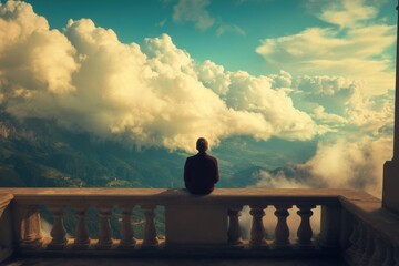 Silhouetted figure sits on a balcony, contemplating majestic clouds and mountains.