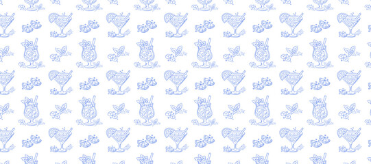 Obraz premium Seamless blue cocktail vector background template with citrus, mint and ice. Hand drawn summer drink pattern for packaging and decor. 