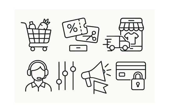 Set: Shopping cart, discount tickets, delivery truck, online store, customer service, settings, megaphone, credit card.