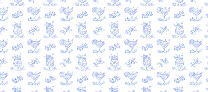 Seamless blue cocktail vector background template with citrus, mint and ice. Hand drawn summer drink pattern for packaging and decor. 